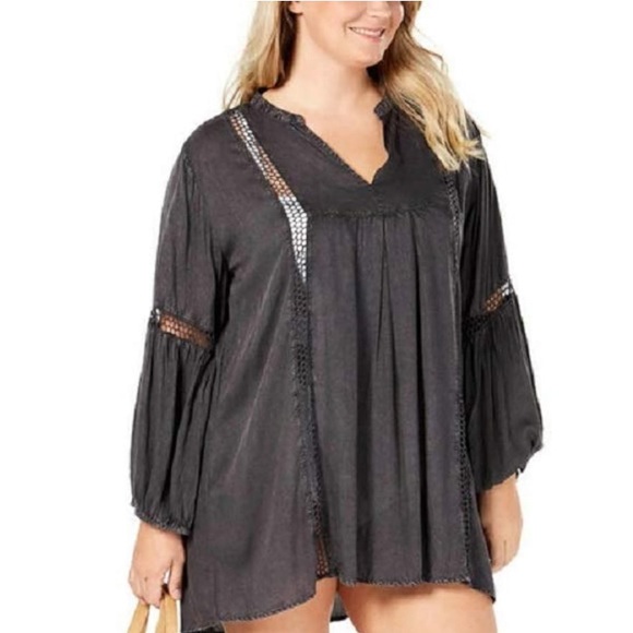 🏷️NWT Riviya Oversized Washed Out Black Eyelet Tunic - Picture 4 of 8
